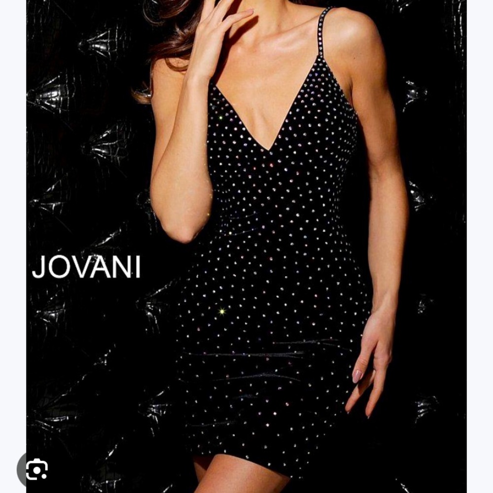 Jovani Black Velvet Backless Beaded Cocktail Mini Dress